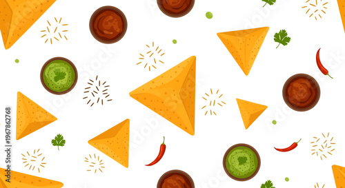 Seamless Flat Vector Pattern of Crispy Samosas with Chutney Dipping Sauce, Chili, and Herbs for Indian and Middle Eastern Cuisine Branding