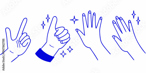 Various hand gestures depicted in a simple blue line art illustration