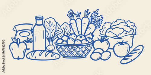 A hand drawn illustration of fresh produce bread and a milk bottle