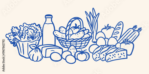 A blue line drawing showcasing a variety of fresh produce and baked goods