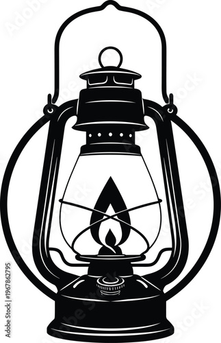 Vintage kerosene lantern illustration with classic oil lamp design, flat vector illustration for camping light antique decor and retro lighting concept
