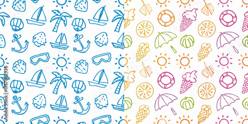 Colorful summer doodles a seamless pattern of beach and vacation icons
