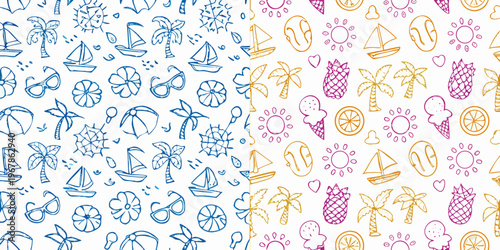 Summer themed doodle pattern with tropical elements and beach objects