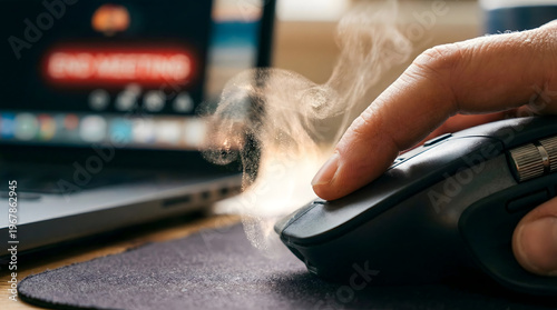 Hand clicking mouse burning out from stress
