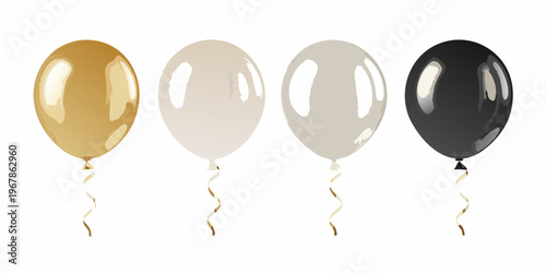 Four shiny balloons in gold white silver and black colors