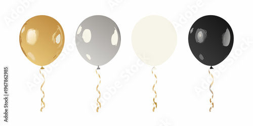 Four balloons in gold silver white and black colors displayed together