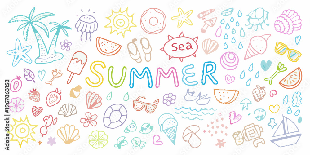 Obraz premium Colorful hand drawn summer doodles including beach items and tropical elements