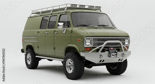 Olive green off road van on white background adventure vehicle illustration