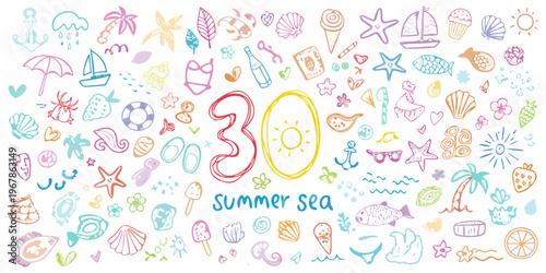 Colorful doodle illustration featuring summery icons and the number 30