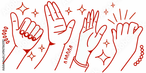 Several hands displaying various gestures with sparkling star illustrations