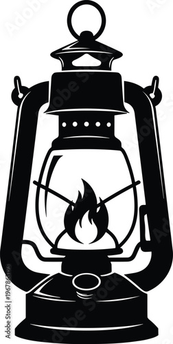 vintage lantern icon, oil lamp illustration, camping light symbol, classic kerosene lamp design, antique lighting equipment, outdoor illumination, flat vector illustration