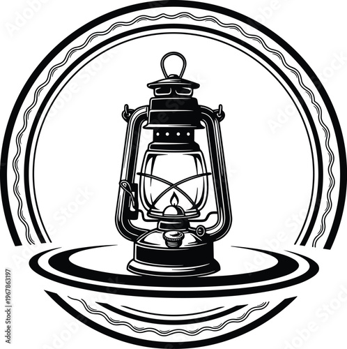 vintage lantern logo design, retro oil lamp illustration, camping light symbol, classic kerosene lantern badge, outdoor adventure emblem, flat vector illustration