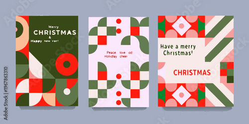 Abstract christmas card set with geometric shapes and festive greetings