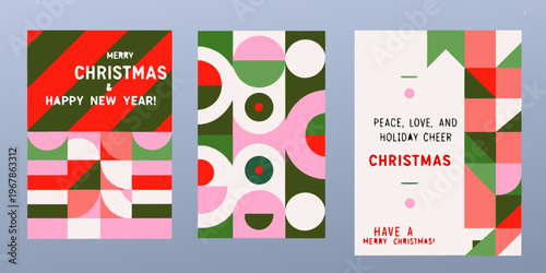 Festive holiday card designs with geometric shapes and christmas greetings