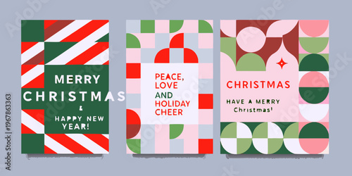 Festive christmas card designs with geometric patterns and holiday greetings