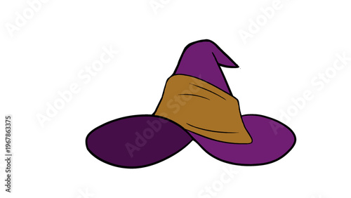 A vibrant purple cartoon-style illustration of a classic witch hat, featuring a distinct brown band, perfect for fantasy themes, Halloween designs, or magical iconography for various creative projects