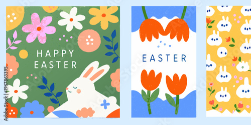 Colorful easter card designs featuring flowers bunnies and tulips