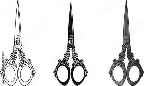 Vintage ornate scissors set with decorative handles isolated, flat vector illustration for tailoring craft, sewing tools, barber equipment and antique design