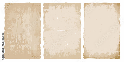 Three weathered parchment papers arranged vertically against a white background