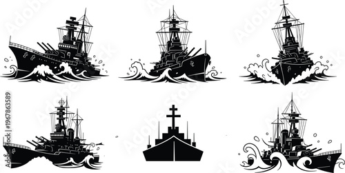 Vintage ship silhouette set, sailing vessel illustrations, ocean waves design, maritime transport icons, nautical adventure theme, classic boat vector collection