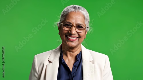 Smiling senior woman with glasses against green background