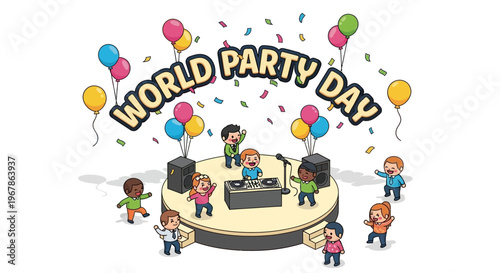 Illustration of people celebrating World Party Day with a festive party atmosphere, colorful balloons, and confetti on a joyful background.