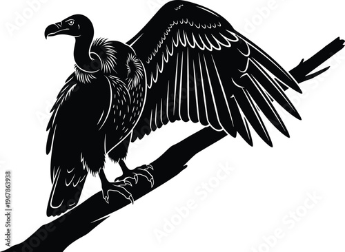 Vulture bird perched on branch with spread wings scavenger raptor wildlife predator illustration black vintage style design