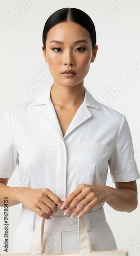 Professional woman in white uniform looking directly at the viewer