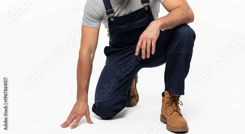 Professional worker in overalls kneeling on a white background, ready for work.