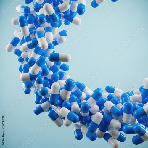 A dynamic composition of numerous blue and white medical capsules cascading through the air against a soft pastel light blue background, science, drug, treatment