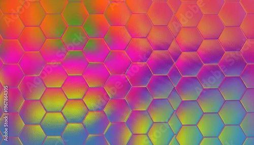 A vibrant and colorful abstract background featuring a pattern of hexagonal cells in a gradient of bright hues