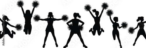 Black silhouettes of cheerleaders jumping and dancing with pom poms, performing high energy cheerleading routines isolated on white background.