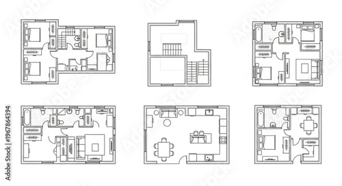 Collection of Detailed Architectural Floor Plans for Residential Buildings.