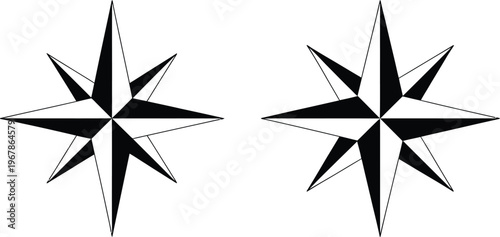 Compass Rose vector illustration, classic navigation symbol with directional points in black and white for map design travel and orientation graphics.
