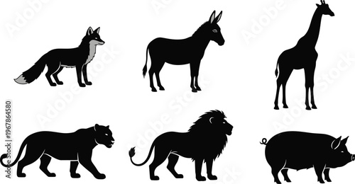 wild animal silhouettes set, fox donkey giraffe panther lion pig, black wildlife icons collection, safari farm mammals vector illustration isolated