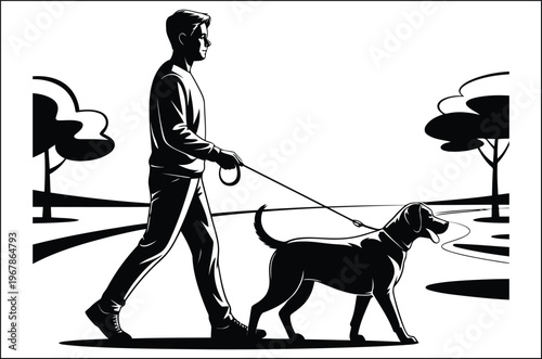 Person walking with dog silhouette vector pictogram for pet care, outdoor activity and lifestyle design. Symbolizing companionship, routine, movement and daily walking