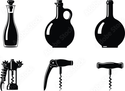 wine bottle set, corkscrew opener tools, vintage glass containers, kitchen bar equipment icons, alcohol accessories collection, flat vector illustration