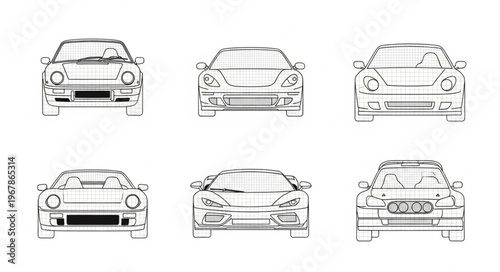 Car Design Sketches - Front and Rear Views of Various Models.