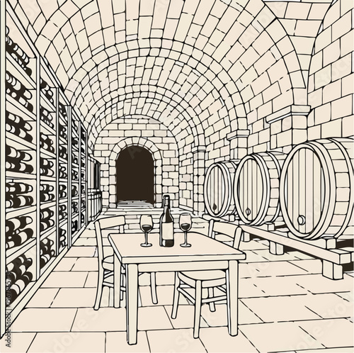 Hand drawn illustration of a wine cellar featuring racks of bottles barrels and a small table with two glasses