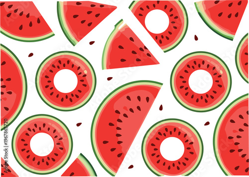 Watermelon seamless pattern with slices and round pieces. Bright juicy red flesh and green rind in flat style. Perfect for summer backgrounds, textiles, and food design.