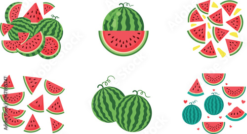 Watermelon vector set with slices and whole fruits in decorative circular layouts. Bright juicy red flesh and green rind. Perfect for summer food design, patterns, and fresh visuals.