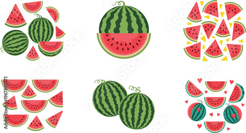 Watermelon vector set with slices and whole fruits in circular compositions. Bright juicy red flesh and green rind. Perfect for summer food design, patterns, and fresh visuals.