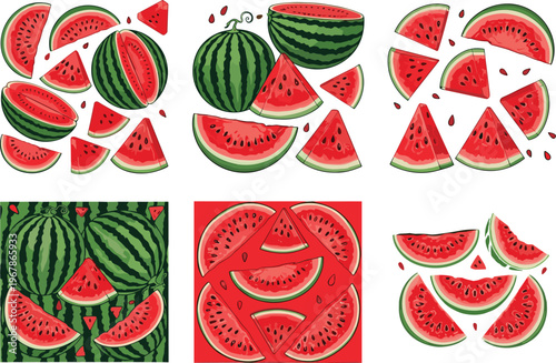 Watermelon vector set with slices, whole fruits, and seamless patterns. Juicy red flesh and green rind in flat style. Perfect for summer food design, backgrounds, and fresh visuals.