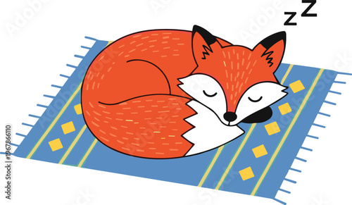 Cute sleeping red fox curled up on blue striped rug, closed eyes, zzz symbols, cartoon style, cad drawing flat vector illustration