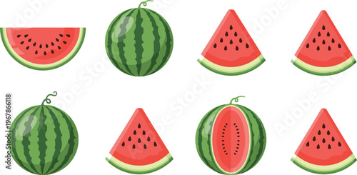 Watermelon slices and whole fruit vector set in flat style. Juicy red flesh with seeds and green rind. Perfect for summer food design, menus, and fresh healthy visuals.