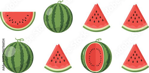 Watermelon slices and whole fruit vector set. Bright flat illustrations with juicy red flesh and green rind. Ideal for summer food design, menus, and fresh healthy visuals.