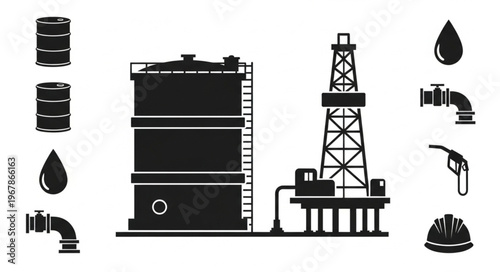 Oil Industry Silhouette - Tank, Rig, and Essential Elements.