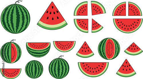 Watermelon vector set with whole fruits and sliced pieces in different cuts. Bright flat illustrations with juicy red flesh and green rind. Perfect for summer food design and fresh visuals.