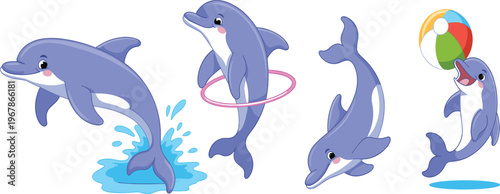 Cute dolphin cartoon character set, funny sea animals jumping and playing isolated on white background vector