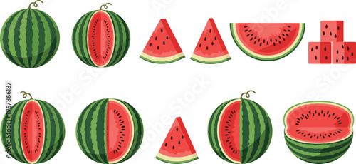 Watermelon vector set with whole fruits, slices, and cubes. Juicy red flesh with seeds and green striped rind in flat style. Perfect for summer food design and fresh visuals.
